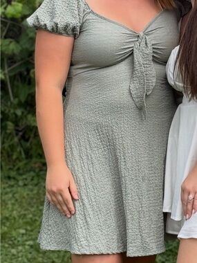 See You Monday Olive Textured Puff Sleeve Mini Dress with Front Tie